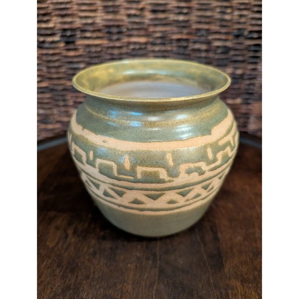 Art Pottery Vase Artist Signed Glaze over Clay Green Aztec Boho Southwestern